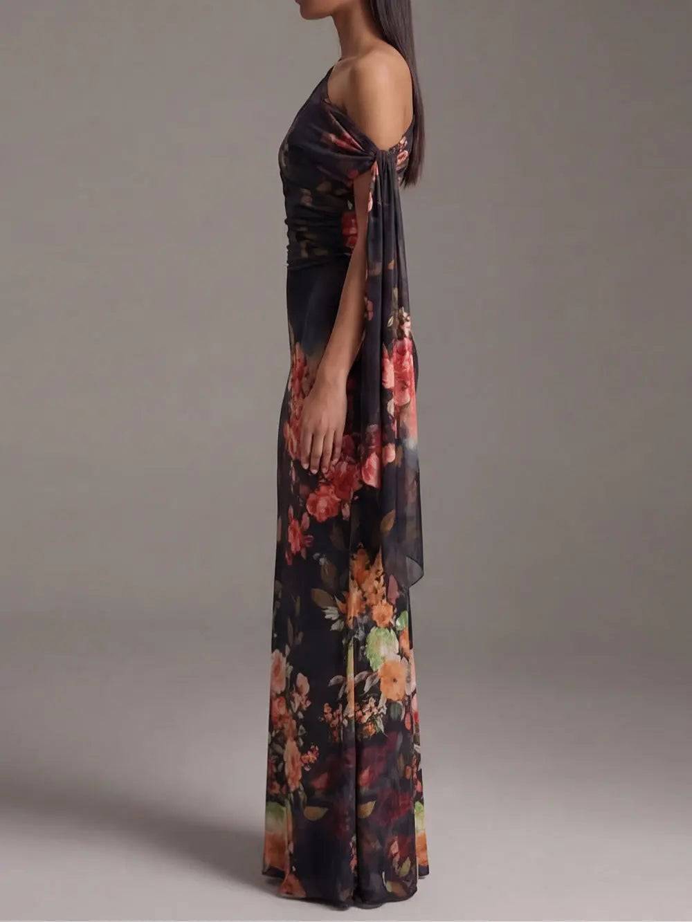 Vestido Largo Plisado un Hombro