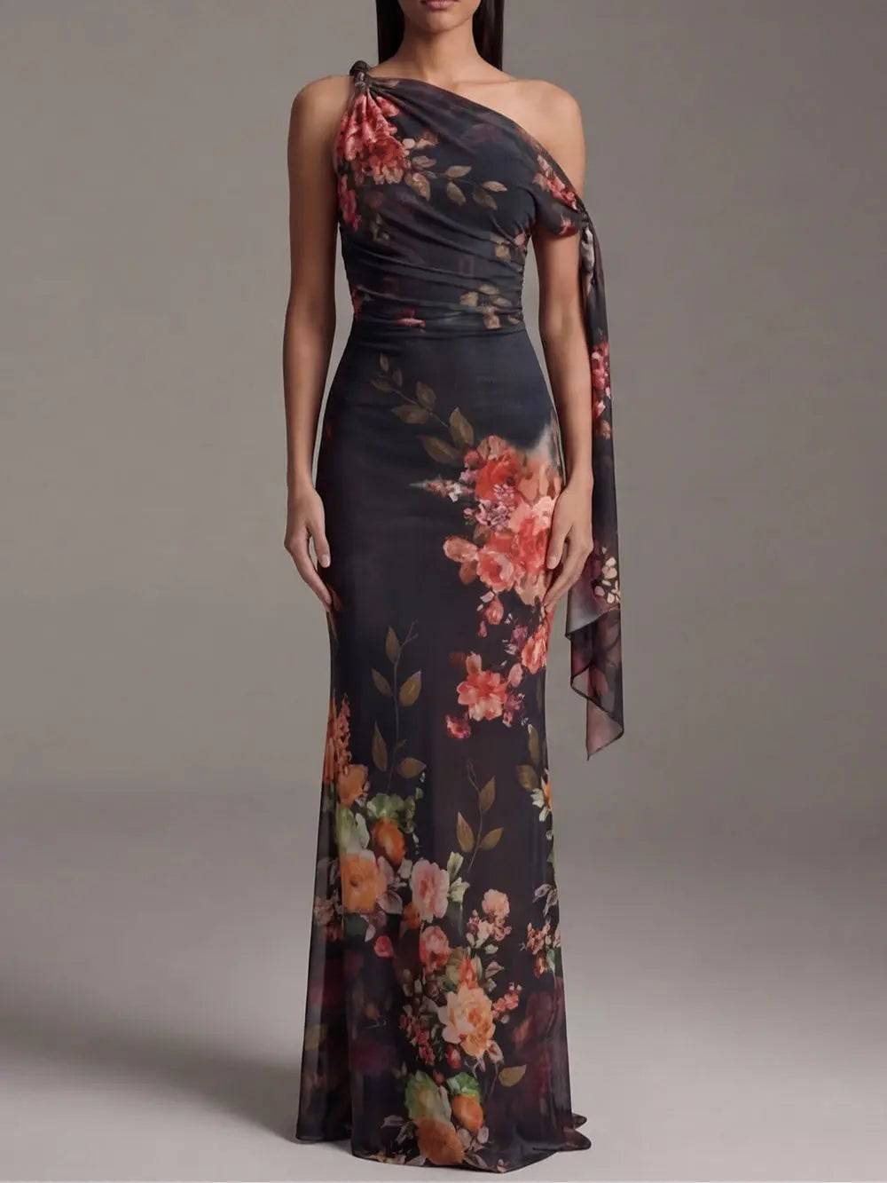 Vestido Largo Plisado un Hombro