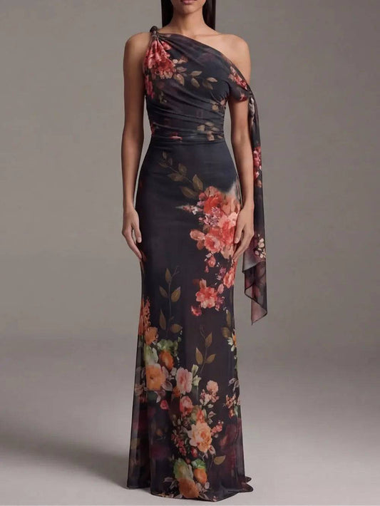 Vestido Largo Plisado un Hombro