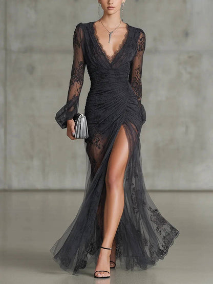 Vestido Largo Gris de Encaje con Abertura