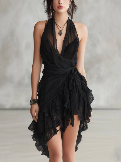 Vestido Corto de Encaje Halter Volantes