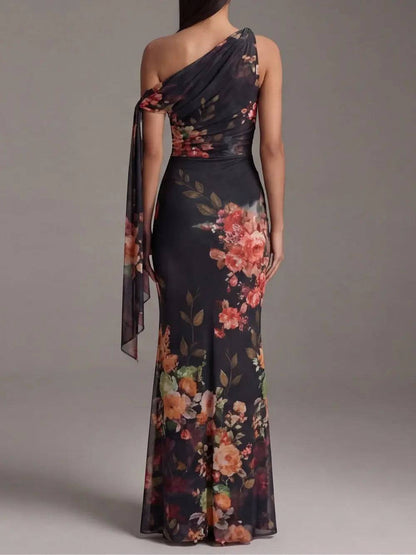 Vestido Largo Plisado un Hombro