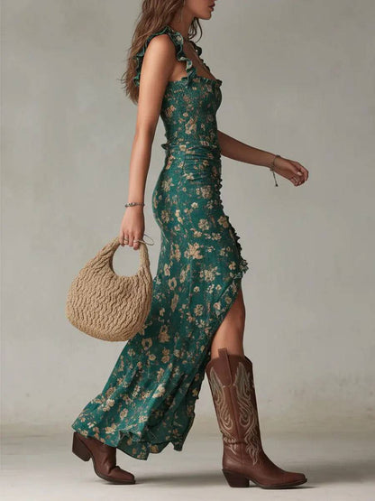 Vestido Largo Verde Bohemio Volantes