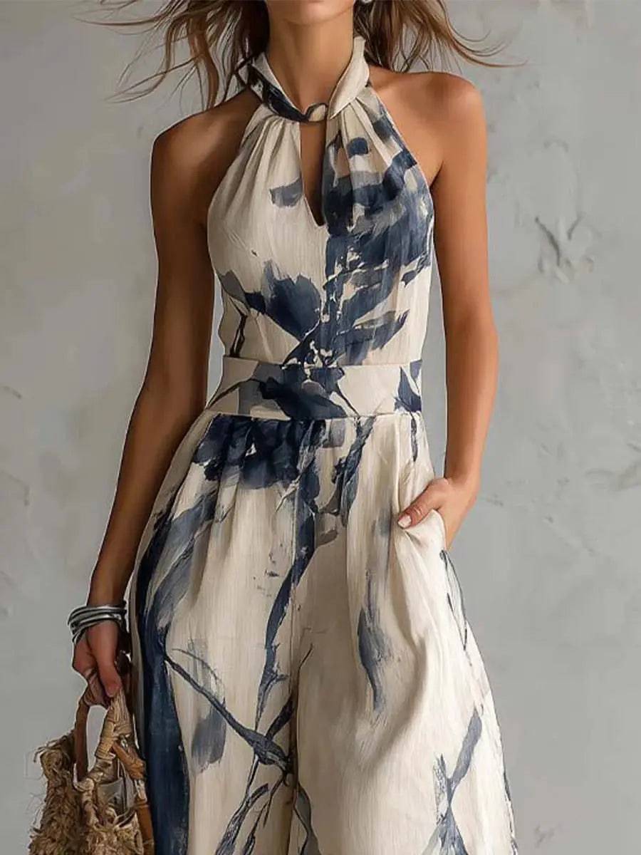 Jumpsuit con cuello halter y estampado tinta
