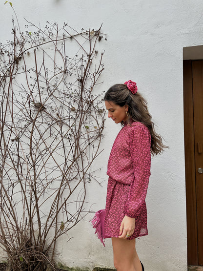 Vestido cuello frunce gasa lurex flor