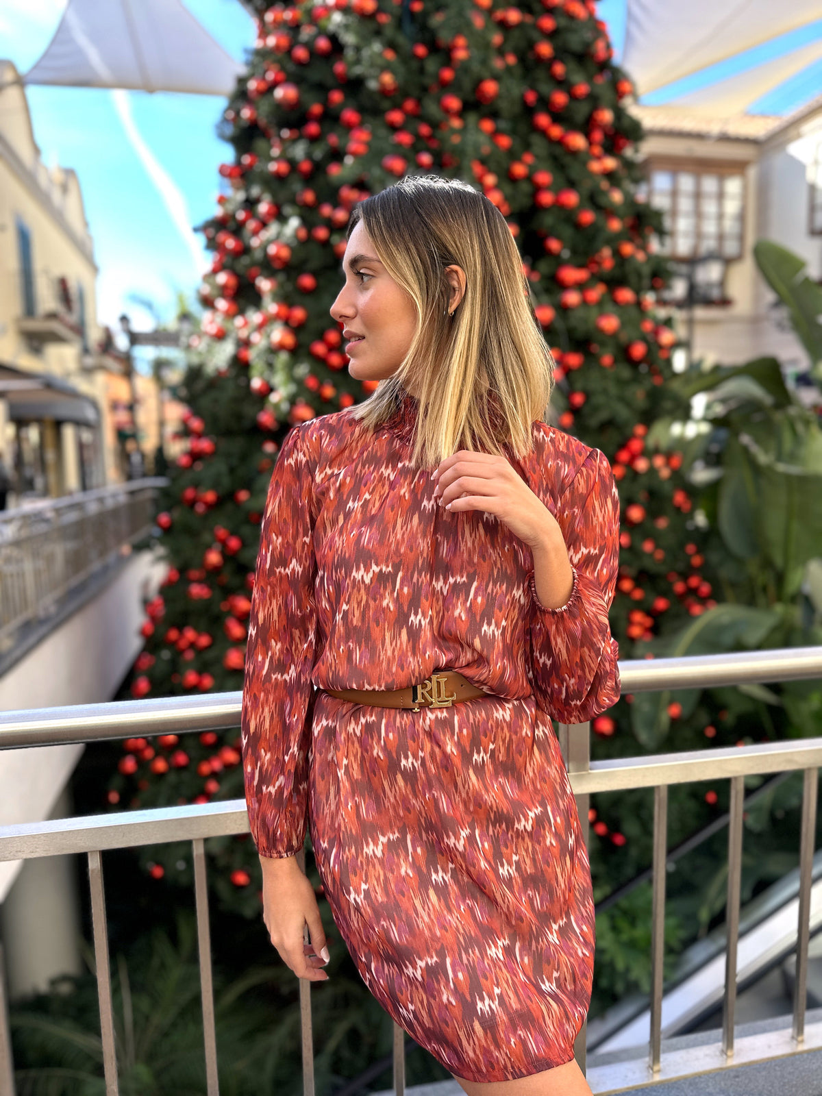 Vestido cuello fruncido gasa lurex caldera