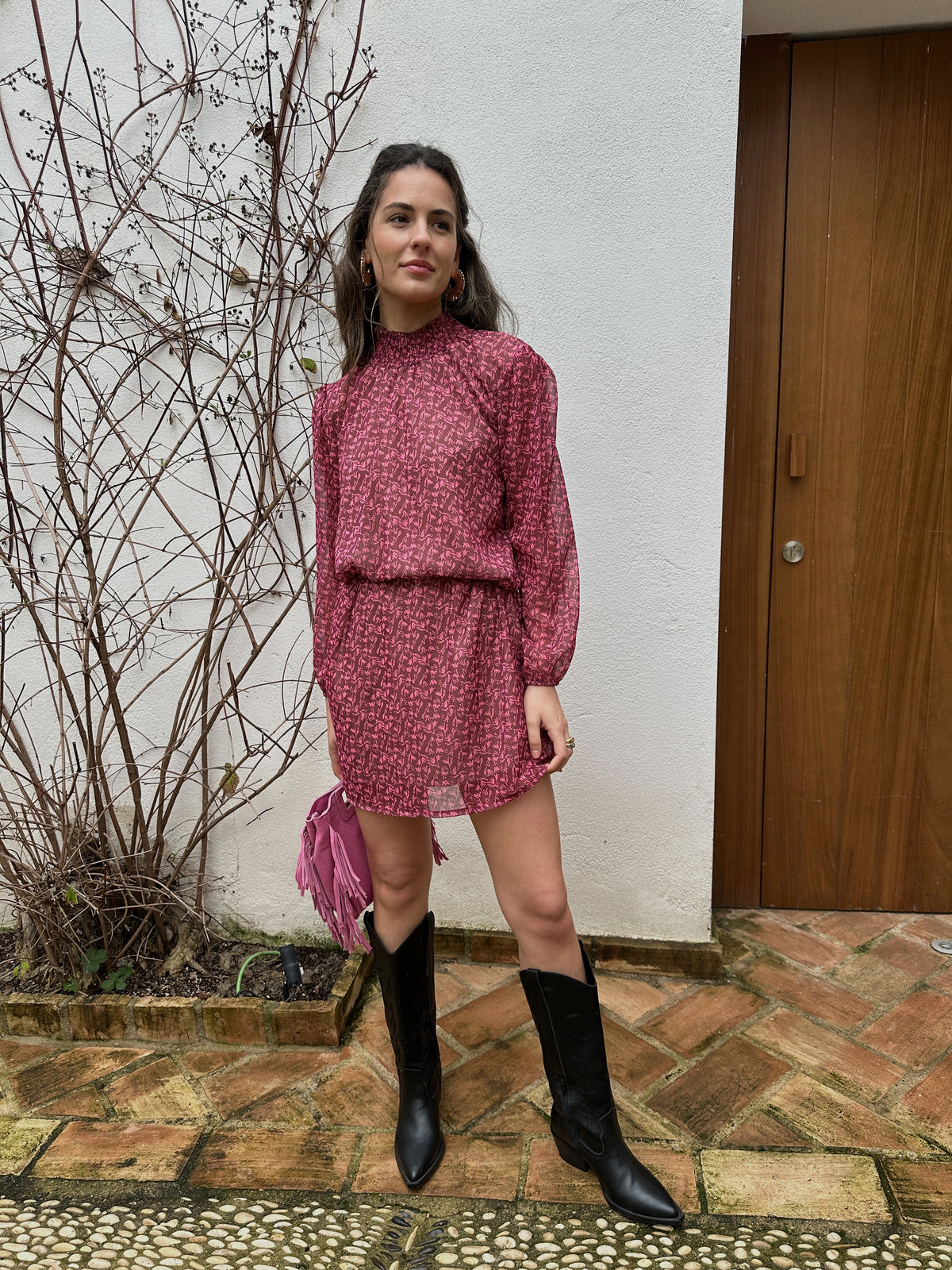 Vestido cuello frunce gasa lurex flor