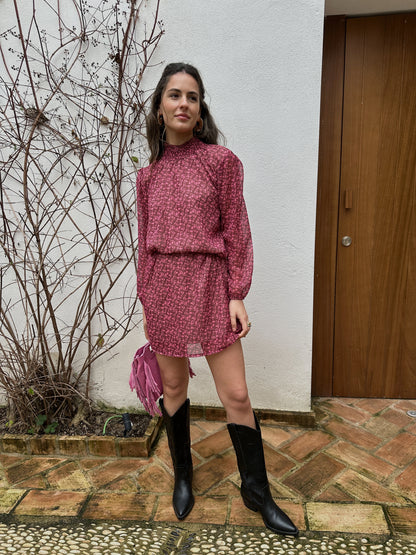 Vestido cuello frunce gasa lurex flor