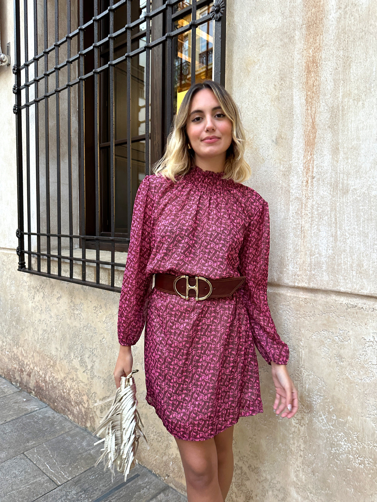 Vestido cuello frunce gasa lurex flor