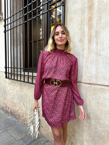 Vestido cuello frunce gasa lurex flor