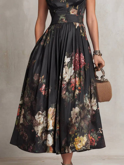 Vestido Midi de Satén Negro Plisado