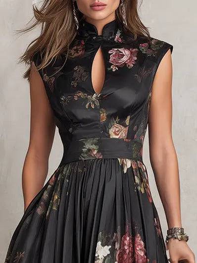 Vestido Midi de Satén Negro Plisado