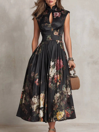 Vestido Midi de Satén Negro Plisado