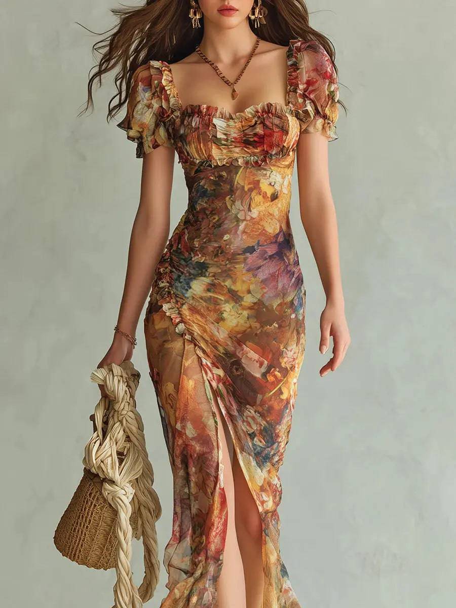 Vestido Largo Naranja Estampado Óleo