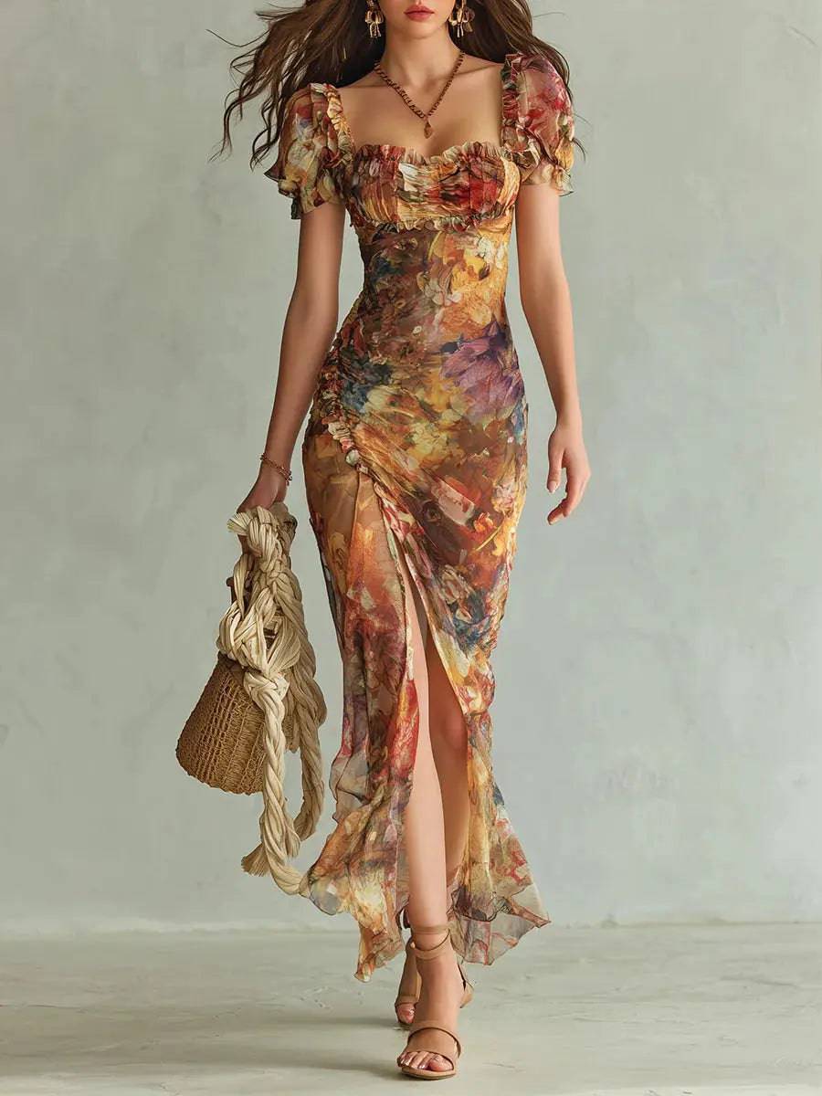 Vestido Largo Naranja Estampado Óleo