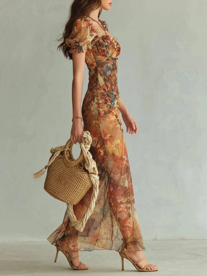 Vestido Largo Naranja Estampado Óleo