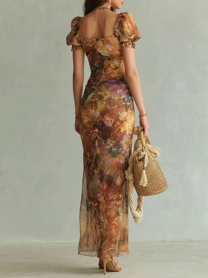 Vestido Largo Naranja Estampado Óleo