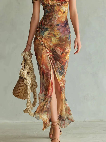 Vestido Largo Naranja Estampado Óleo