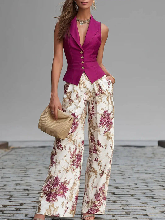 Conjunto Chaleco Rosa y Pantalón Floral