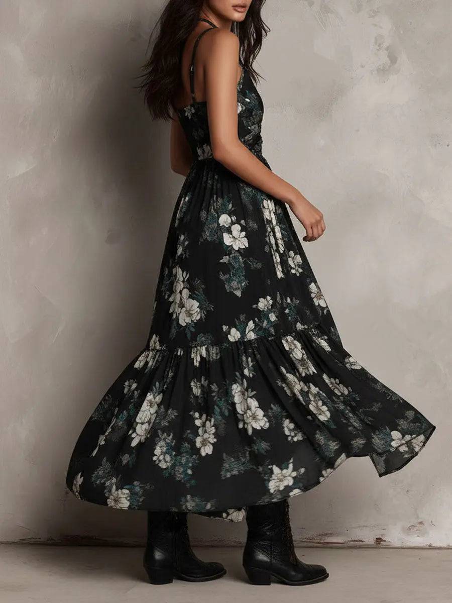 Vestido Largo Floral Negro sin Tirantes