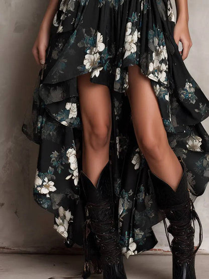 Vestido Largo Floral Negro sin Tirantes