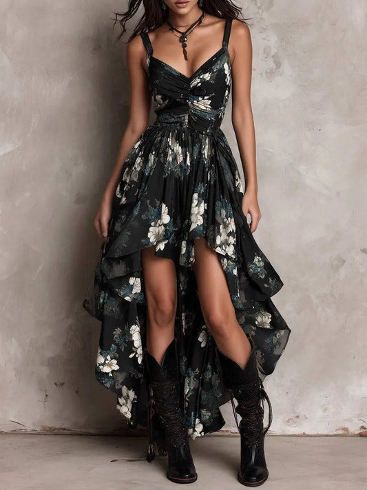 Vestido Largo Floral Negro sin Tirantes