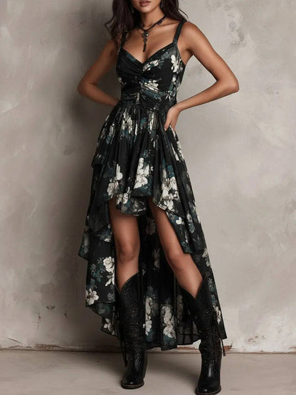 Vestido Largo Floral Negro sin Tirantes