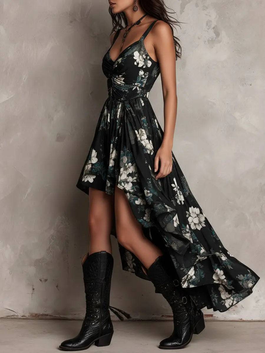 Vestido Largo Floral Negro sin Tirantes