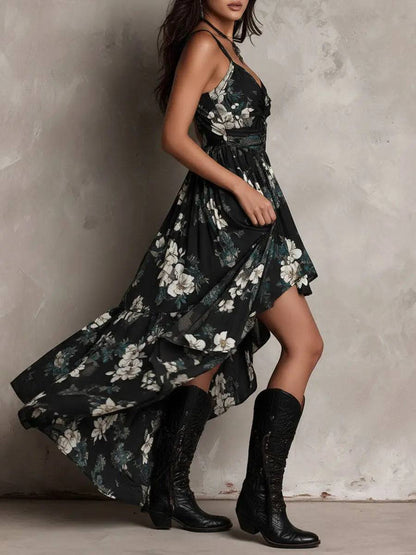 Vestido Largo Floral Negro sin Tirantes