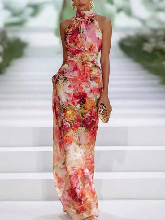 Vestido Largo de Gasa Rojo Halter