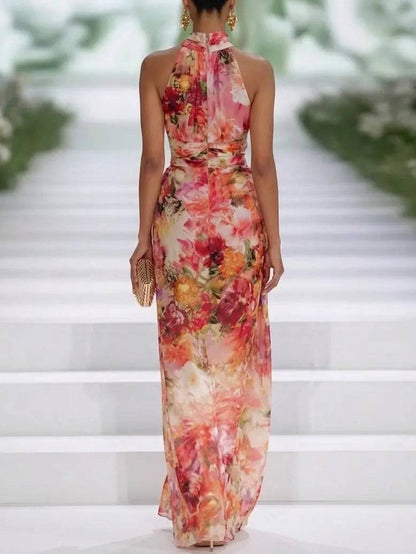Vestido Largo de Gasa Rojo Halter