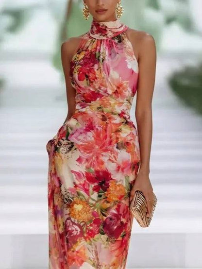 Vestido Largo de Gasa Rojo Halter