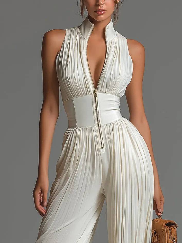 Jumpsuit Blanco sin Mangas con Zíper