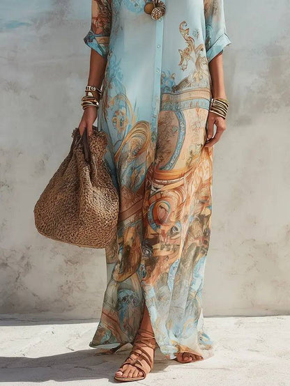Vestido largo azul con estampado floral