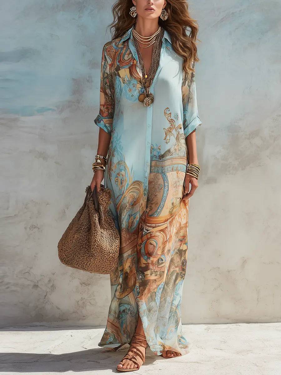 Vestido largo azul con estampado floral