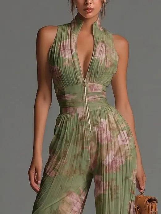 Jumpsuit Verde Floral con Zíper