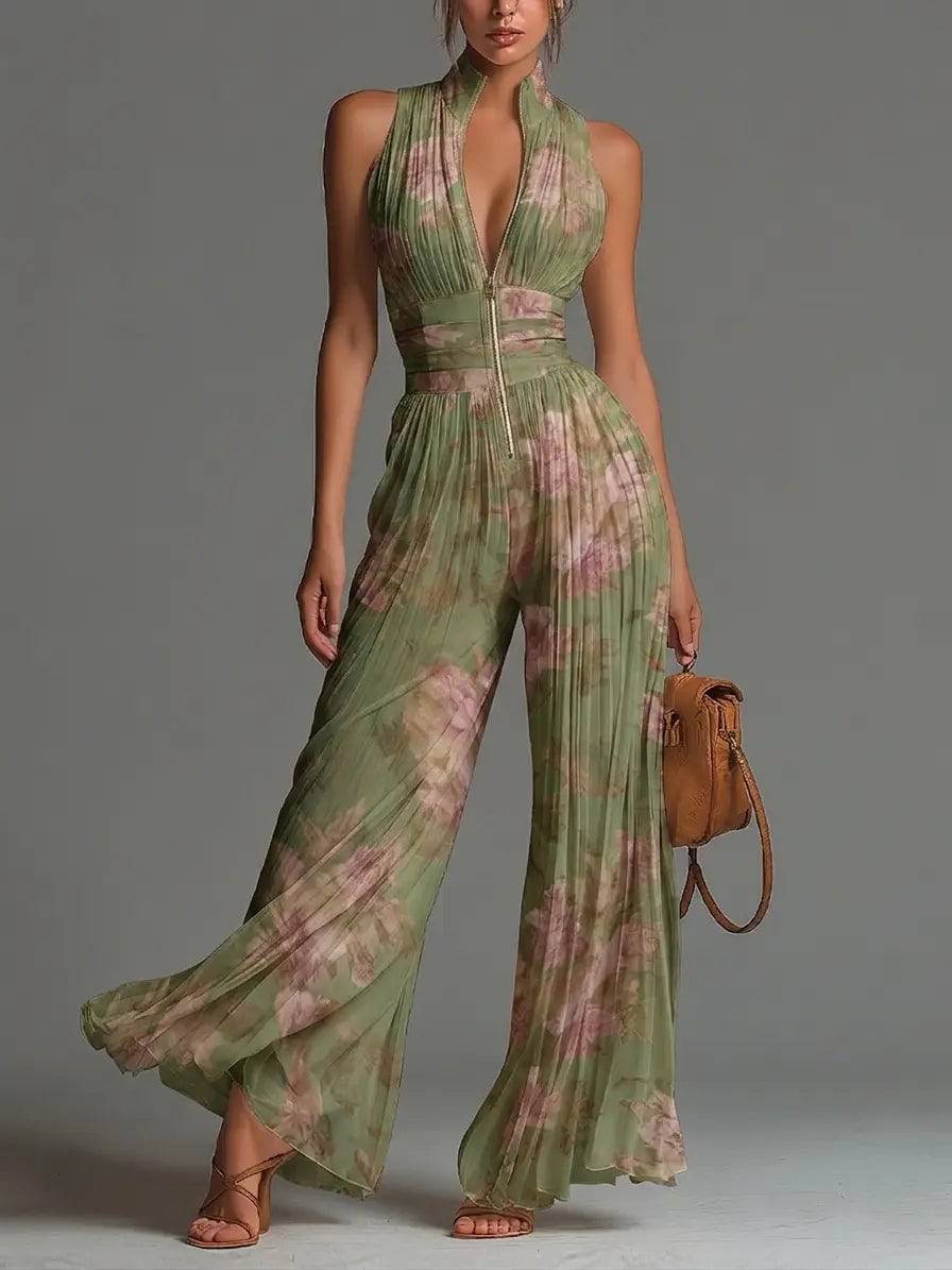Jumpsuit Verde Floral con Zíper