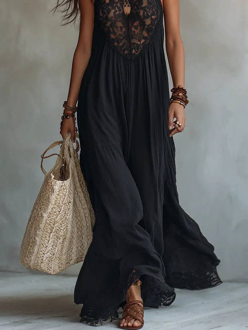 Vestido Largo Negro con Encaje Bohemio