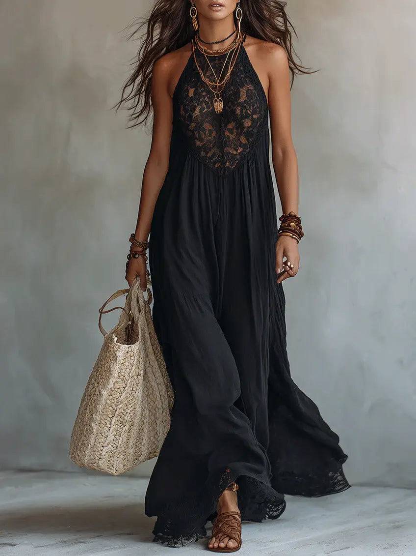 Vestido Largo Negro con Encaje Bohemio