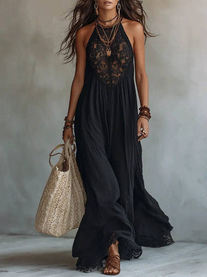 Vestido Largo Negro con Encaje Bohemio