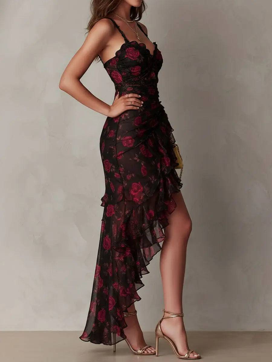 Vestido Chic Negro y Rojo Floral