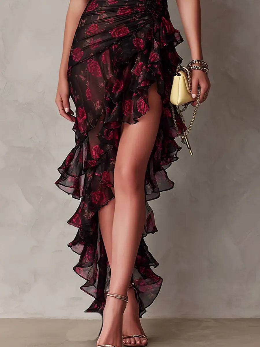 Vestido Chic Negro y Rojo Floral