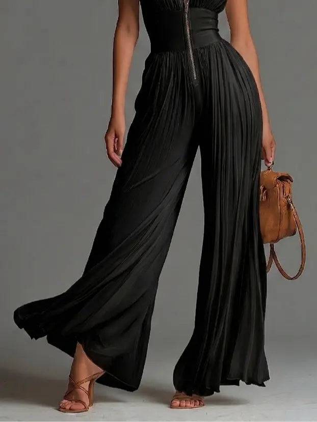 Jumpsuit Negro Escote V Pierna Ancha
