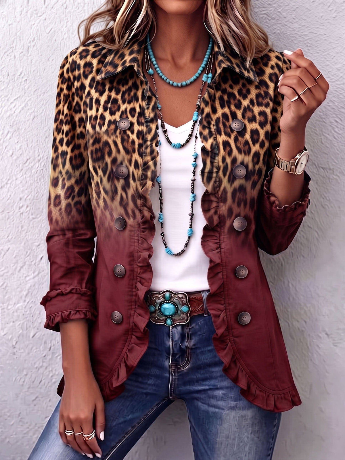Mercedes | Chamarra Blazer Leopardo Degradado con Volantes