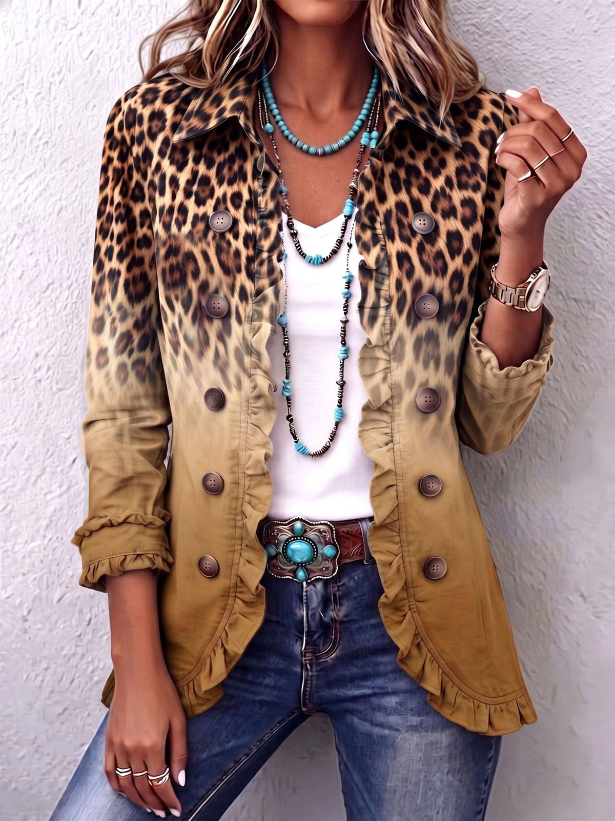 Mercedes | Chamarra Blazer Leopardo Degradado con Volantes