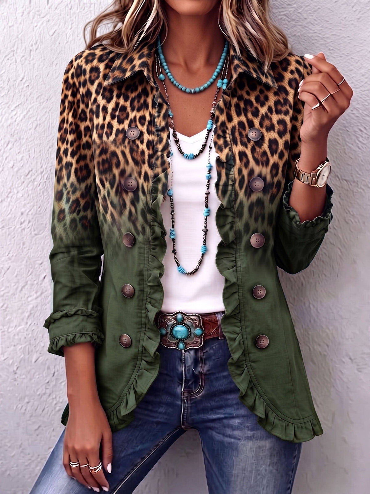 Ramona | Chamarra Blazer Leopardo Verde con Volantes
